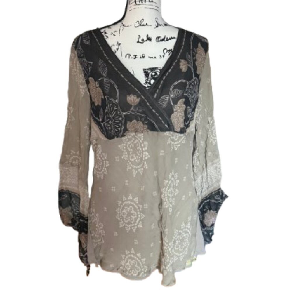 Y2K Babydoll Silk New York‎ City Design Blouse Beige Black XL